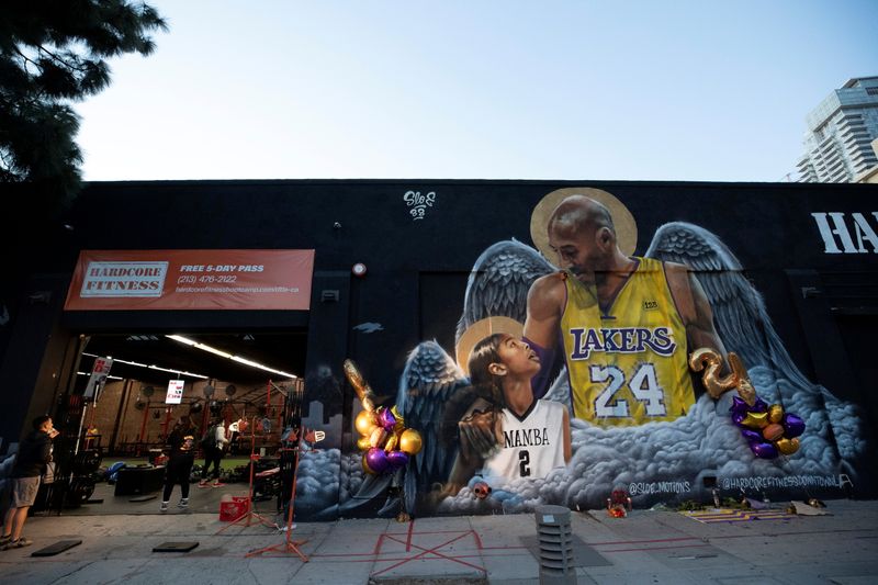 A mural of late Kobe Bryant, who perished one year ago alongside his daughter and seven others when their helicopter crashed into a hillside, next to a gym in Los Angeles