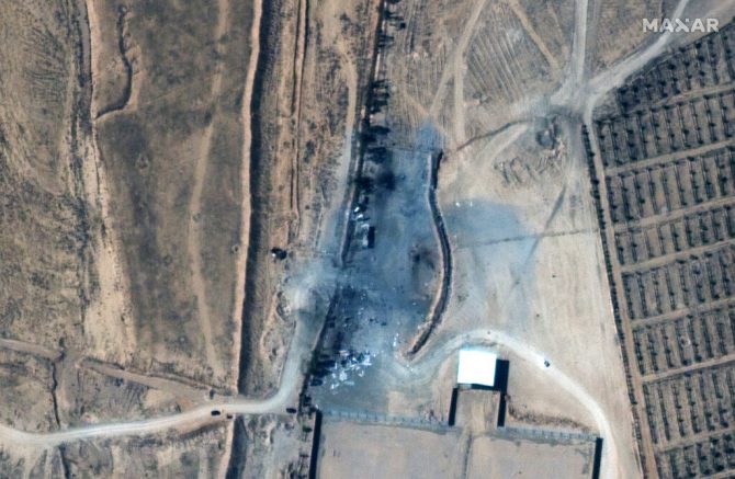 This satellite image provided Maxar Technologies shows buildings that were destroyed by a U.S. air strike in Syria. The United States launched airstrikes in Syria on Thursday, Feb. 25, 2021 targeting facilities near the Iraqi border used by Iranian-backed militia groups. The Pentagon said the strikes were retaliation for a rocket attack in Iraq earlier this month that killed one civilian contractor and wounded a U.S. service member and other coalition troops. (Satellite image ©2021 Maxar Technologies via AP)