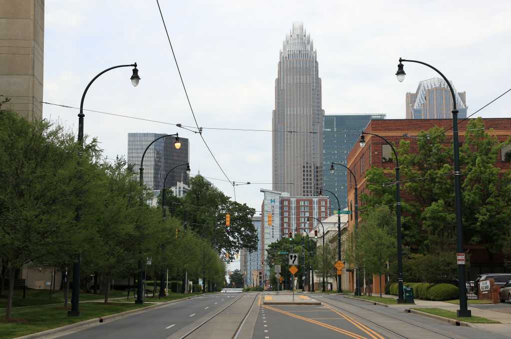 CHARLOTTE, NORTH CAROLINA - APRIL 07: A general view of the empty streets during the coronavirus (COVID-19) pandemic on April 07, 2020 in Charlotte, North Carolina. The State Department of Health and Human Services has reported more than 3,200 confirmed cases of the virus. (Photo by Streeter Lecka/Getty Images)