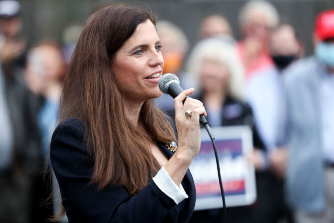 CHARLESTON, SC - OCTOBER 31: Republican congressional candidate Nancy Mace speaks to the crowd at an event with Sen. Lindsey Graham at the Charleston County Victory Office during Grahams campaign bus tour on October 31, 2020 in Charleston, South Carolina. Graham is in a closely watched race against democratic challenger Jaime Harrison. (Photo by Michael Ciaglo/Getty Images)