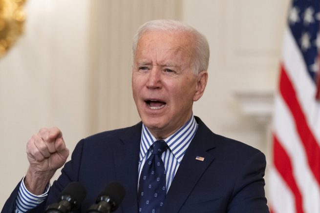 Joe Biden speaks in the State Dining Room of the White House, Saturday, March 6, 2021, in Washington. (AP Photo/Alex Brandon)