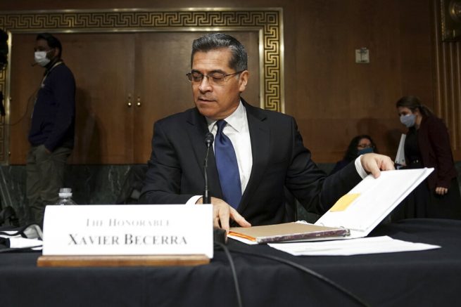 Xavier Becerra appears during a Senate Finance Committee hearing on his nomination to be secretary of Health and Human Services on Capitol Hill in Washington, Wednesday, Feb. 24, 2021. (Greg Nash/Pool via AP)