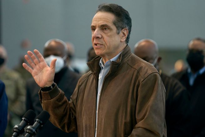 NEW YORK, NEW YORK - MARCH 08: New York Gov. Andrew Cuomo speaks at a vaccination site at the Jacob K. Javits Convention Center on March 8, 2021 in New York City. Cuomo has been called to resign from his position after allegations of sexual misconduct were brought against him. (Photo by Seth Wenig-Pool/Getty Images)