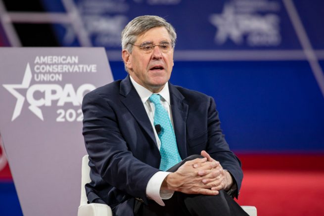 NATIONAL HARBOR, MD - FEBRUARY 28: Stephen Moore, Distinguished Visiting Fellow for Project for Economic Growth at The Heritage Foundation, has a conversation with Acting White House Chief of Staff Mick Mulvaney on stage at the Conservative Political Action Conference 2020 (CPAC) hosted by the American Conservative Union on February 28, 2020 in National Harbor, MD. (Photo by Samuel Corum/Getty Images)