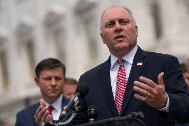 WASHINGTON, DC - MAY 27: Rep. Steve Scalise (R-LA) speaks during a news conference outside the U.S. Capitol, May 27, 2020 in Washington, DC. Calling it unconstitutional, Republican leaders have filed a lawsuit against House Speaker Nancy Pelosi and congressional officials in an effort to block the House of Representatives from using a proxy voting system to allow for remote voting during the coronavirus pandemic. (Photo by Drew Angerer/Getty Images)