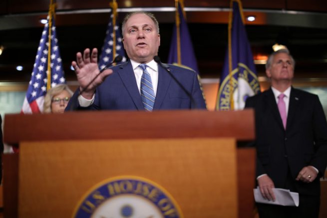 WASHINGTON, DC - JUNE 11: House Minority Whip Steve Scalise (R-LA) speaks during a news conference following the weekly Republican Conference at the U.S. Capitol June 11, 2019 in Washington, DC. The House Republicans demanded passage of the National Defense Authorization Act and pushed for an increase in military spending while being critical of Democrats' focus on the Mueller report. (Photo by Chip Somodevilla/Getty Images)