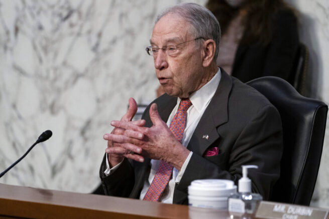 Senate Judiciary Committee ranking member Chuck Grassley, of Iowa, speaks during hearing for Vanita Gupta, nominated to be Associate Attorney General, and Lisa Monaco nominated to be Deputy Attorney General, on Capitol Hill, Tuesday, March 9, 2021, in Washington. (AP Photo/Alex Brandon)