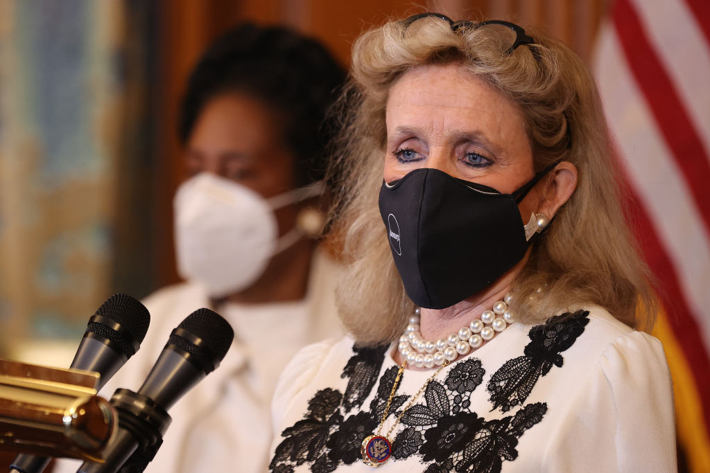 WASHINGTON, DC - MARCH 17: Rep. Debbie Dingell (D-MI) recounts her own experiences with domestic violence during a news conference with Rep. Shelia Jackson Lee (D-TX) about the renewal of the Violence Against Women Act in the Rayburn Room at the U.S. Capitol on March 17, 2021 in Washington, DC. The House of Representatives is set to vote on reauthorizing the act. (Photo by Chip Somodevilla/Getty Images)