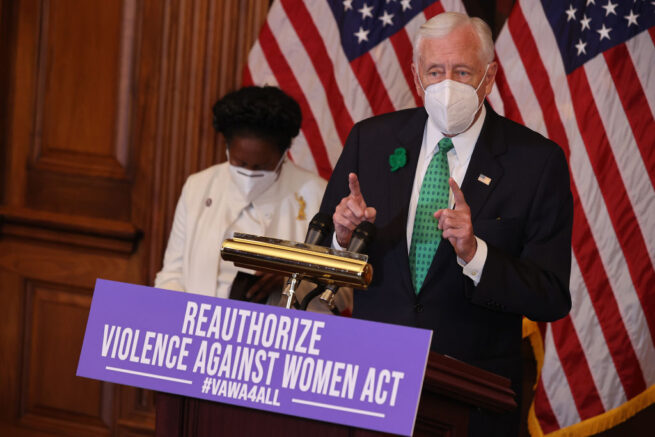 WASHINGTON, DC - MARCH 17: House Majority Leader Steny Hoyer (D-MD) (R) joins Rep. Shelia Jackson Lee (D-TX) during a news conference about the renewal of the Violence Against Women Act in the Rayburn Room at the U.S. Capitol on March 17, 2021 in Washington, DC. The House of Representatives is set to vote on reauthorizing the act. (Photo by Chip Somodevilla/Getty Images)