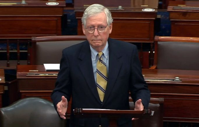 WASHINGTON, DC - FEBRUARY 13: In this screenshot taken from a congress.gov webcast, Minority leader Sen. Mitch McConnell (R-KY) responds after the Senate voted 57-43 to acquit on the fifth day of former President Donald Trump's second impeachment trial at the U.S. Capitol on February 13, 2021 in Washington, DC. House impeachment managers had argued that Trump was “singularly responsible” for the January 6th attack at the U.S. Capitol and he should be convicted and barred from ever holding public office again. (Photo by congress.gov via Getty Images)