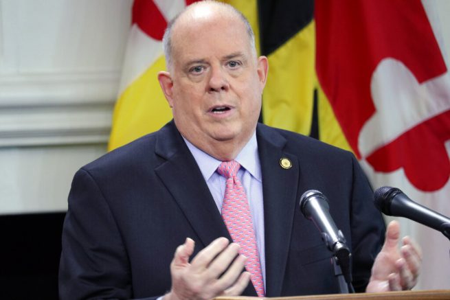 FILE - In this Thursday, Oct. 1, 2020, file photo, Maryland Gov. Larry Hogan speaks during a news conference in Annapolis, Md. On Tuesday, March 9, 2021, Hogan announced that some restrictions on businesses will be lifted later in the week. For example, on Friday at 5 p.m., limits will be lifted on outdoor and indoor dining at restaurants and bars, but people will still need to be seated and distanced. (AP Photo/Brian Witte, File)