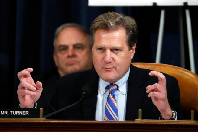 Rep. Mike Turner, R-Ohio, questions Ambassador Kurt Volker, former special envoy to Ukraine, and Tim Morrison, a former official at the National Security Council, as they testify before the House Intelligence Committee on Capitol Hill in Washington, DC on November 19, 2019. (Photo by Jacquelyn Martin / POOL / AFP) (Photo by JACQUELYN MARTIN/POOL/AFP via Getty Images)
