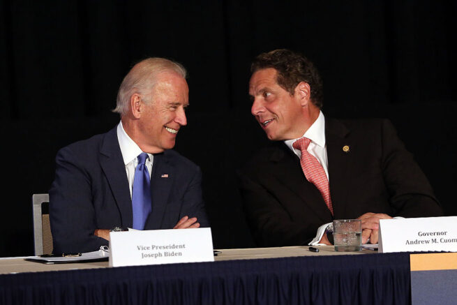 NEW YORK, NY - JULY 27: Vice President Joe Biden (L) appears with New York Gov. Andrew Cuomo to unveil plans for new area infrastructure projects on July 27, 2015 in New York City. The highlight of the event was an announcement that a new LaGuardia airport will be built, with construction starting next year. The new facility will will feature state-of-the-art security, transportation and shopping and dining options. The project is estimated to bring 8,000 new jobs to the area. (Photo by Spencer Platt/Getty Images)