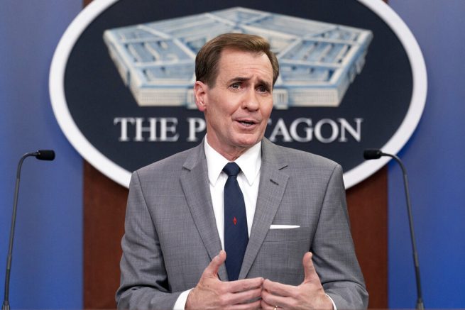 Pentagon spokesman John Kirby speaks during a media briefing at the Pentagon, Tuesday, March 23, 2021, in Washington. (AP Photo/Andrew Harnik)