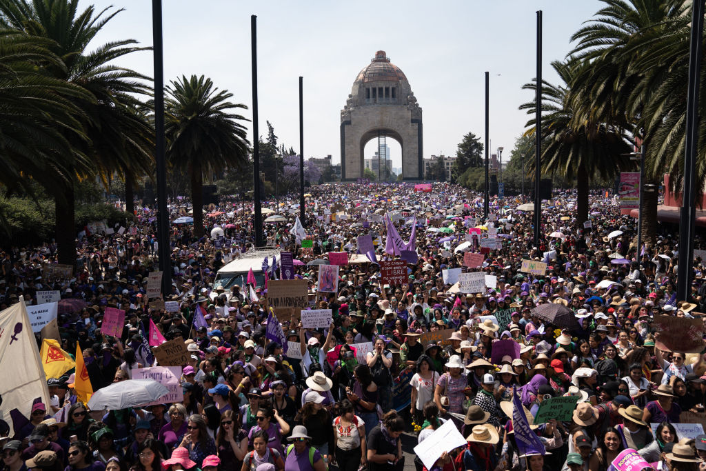 MEXICO CITY, MEXICO - MARCH 08: Demonstrators gather during a rally on International Women's Day on March 8, 2020 in Mexico City, Mexico. (Photo by Toya Sarno Jordan/Getty Images)