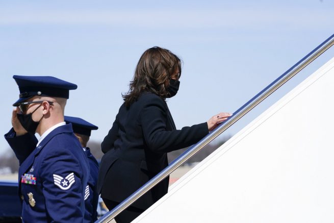 Vice President Kamala Harris walks up the steps of Air Force Two at Andrews Air Force Base, Md., Friday, March 26, 2021. Harris is traveling to Connecticut to hold a listening session at the Boys & Girls Club of New Haven on how the American Rescue Plan addresses child poverty and education. (AP Photo/Susan Walsh)