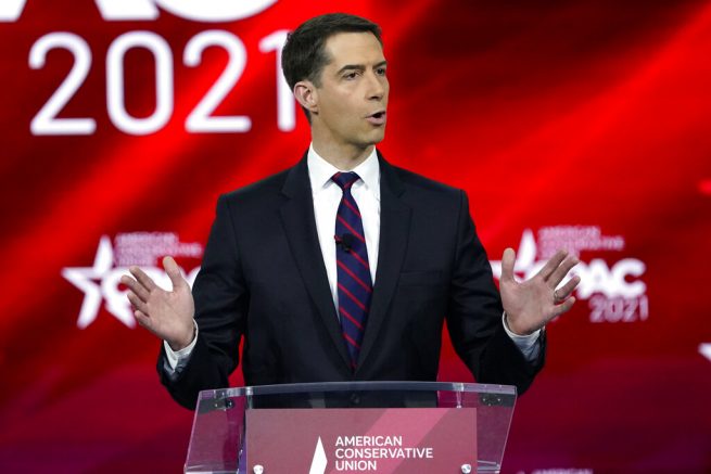 Sen. Tom Cotton, R-Ark., speaks at the Conservative Political Action Conference (CPAC) Friday, Feb. 26, 2021, in Orlando, Fla. (AP Photo/John Raoux)