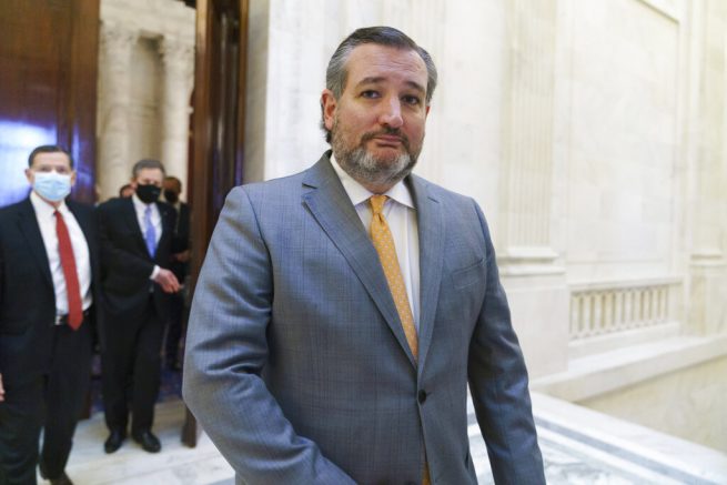 Sen. Ted Cruz, R-Texas, and other members of the Republican Conference leave a luncheon on Capitol Hill in Washington, Wednesday, March 24, 2021. (AP Photo/J. Scott Applewhite)