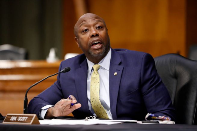 WASHINGTON, DC - MAY 07: Sen. Tim Scott, R-S.C., speaks during a Senate Health Education Labor and Pensions Committee hearing on new coronavirus tests on Capitol Hill May 7, 2020 in Washington DC. (Photo by Andrew Harnik - Pool/Getty Images)