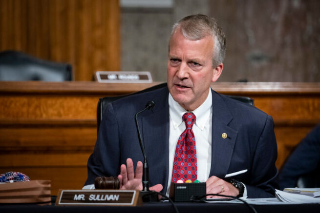 WASHINGTON, DC - MAY 7: Senator Dan Sullivan, a Republican from Alaska, speaks during a Senate Armed Services Committee confirmation hearing for Kenneth Braithwaite, U.S. President Donald Trumps nominee for navy secretary, May 7, 2020 in Washington, DC. Committee members may ask Braithwaite whether achieving the administration's goal of a 355-ship fleet over the next decade, up from 299 today, is realistic in light of cost constraints. (Photo by Al Drago-Pool/Getty Images)