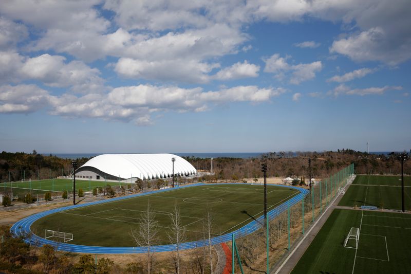View of J-Village training center where torch relay of the Tokyo 2020 Olympic Games is set to begin in Naraha