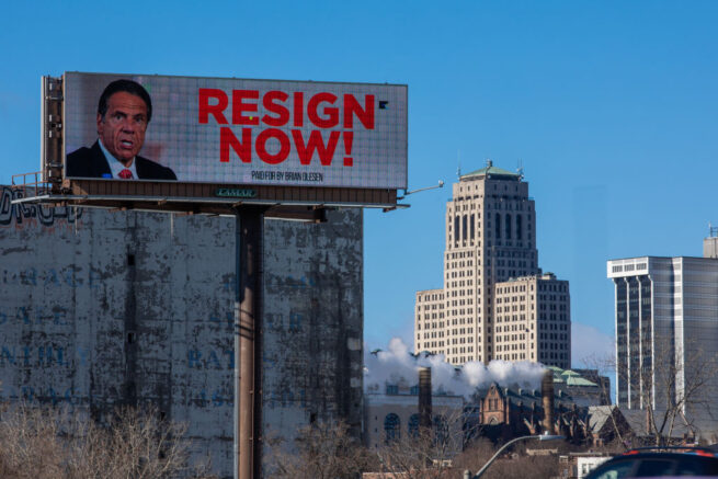 ALBANY, NY - MARCH 02: A billboard urging New York Governor Andrew Cuomo to resign is seen near downtown on March 2, 2021 in Albany, New York. The governor is facing calls to resign after three women have come forward accusing him of unwanted advances. (Photo by Matthew Cavanaugh/Getty Images)