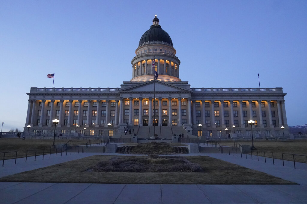 The Utah Capitol is shown Friday evening, March 5, 2021, in Salt Lake City. The Utah Legislature is wrapping up its business for the year Friday. Lawmakers have already tackled a number of issues this year during a session that was conducted partially remotely because of the coronavirus pandemic. (AP Photo/Rick Bowmer)