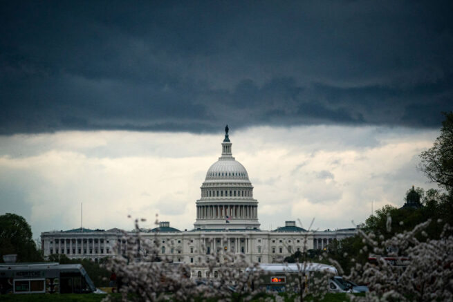 WASHINGTON, DC - MARCH 28: Clouds form above the U.S. Capitol in between rain showers on the National Mall on March 28, 2021 in Washington, DC. (Photo by Al Drago/Getty Images)