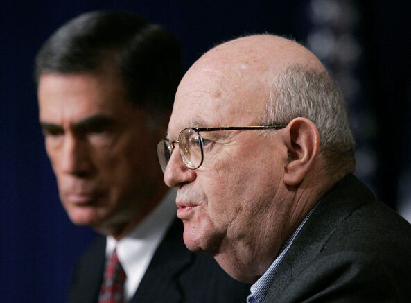 WASHINGTON - MARCH 31: Judge Laurence Silberman (R) and former Democratic Sen. Charles Robb (L) of Virginia, co-chairmen of the commission that studied pre-war U.S. intelligence regarding weapons of mass destruction, answer questsions March 31, 2005 in Washington, DC. Among other issues, the report indicated that U.S. intelligence agencies were wrong in most prewar assessments about weapons of mass destruction in Iraq. (Photo by Mark Wilson/Getty Images)