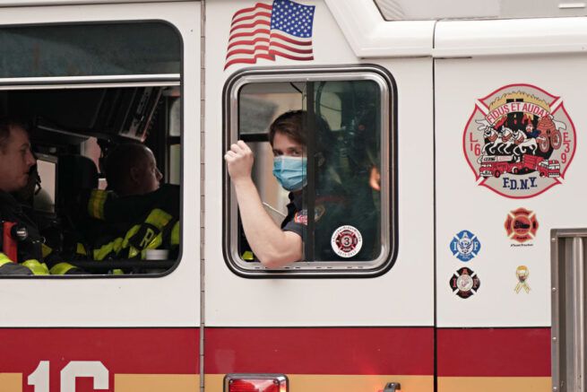 NEW YORK, NEW YORK - MAY 17: FDNY firefighters show gratitude to medical and frontline workers at Lenox Hill Hospital during the coronavirus pandemic on May 17, 2020 in New York City. COVID-19 has spread to most countries around the world, claiming over 316,000 lives with over 4.8 million infections reported. (Photo by Cindy Ord/Getty Images)