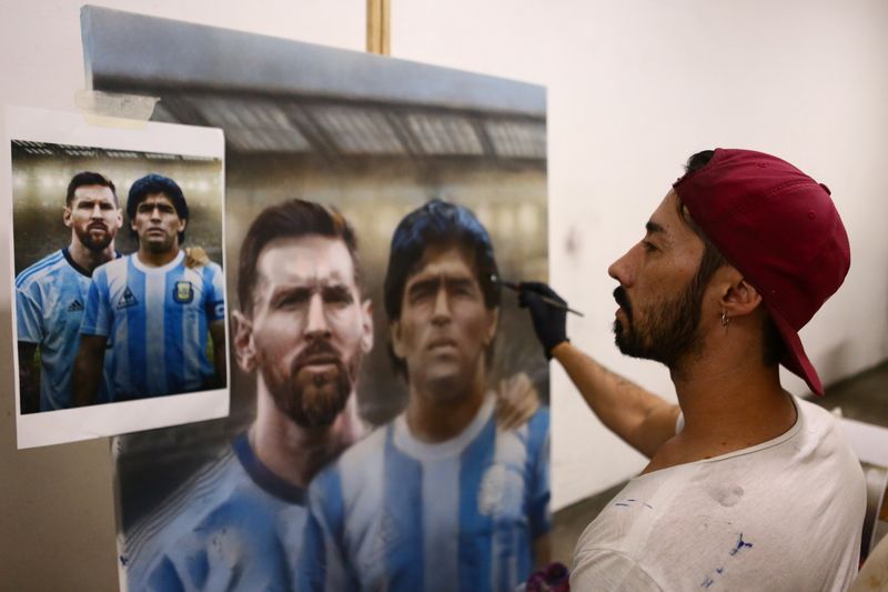 Argentine artist immortalises soccer superstar Maradona with portraits, in Buenos Aires