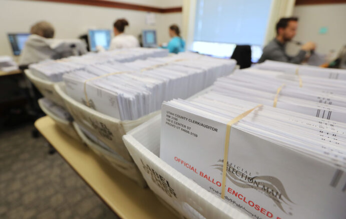 PROVO, UT - NOVEMBER 6: Thousands of ballots sit in boxes as Utah County election workers process the mail-in ballots for the midterm elections on November 6, 2018 in Provo, Utah. Utah early voting has been highest ever in Utah's midterm elections. One of the main proportions on the ballet in Utah is whether Utah will legalize medical marijuana. (Photo by George Frey/Getty Images)