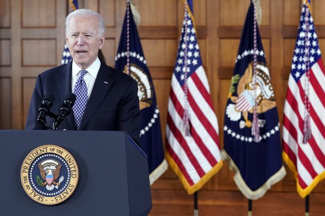 FILE - President Joe Biden speaks after meeting with leaders from Georgia's Asian-American and Pacific Islander community, , at Emory University in Atlanta, in this Friday, March 19, 2021, file photo. Georgia’s new voting law _ which critics claim severely limits access to the ballot box, especially for people of color _ has prompted calls from as high as the White House to consider moving the midsummer classic out of Atlanta. The game is set for July 13 at Truist Park, the Braves’ 41,000-seat stadium in suburban Cobb County. (AP Photo/Patrick Semansky, File)