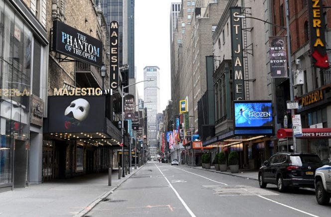 NEW YORK, NEW YORK - APRIL 08: Closed broadway theaters during the coronavirus pandemic on April 08, 2020 in New York City. The Broadway League announced today that theaters will remain closed until June 7, effectively ending the 2019-2020 season. (Photo by Jamie McCarthy/Getty Images)