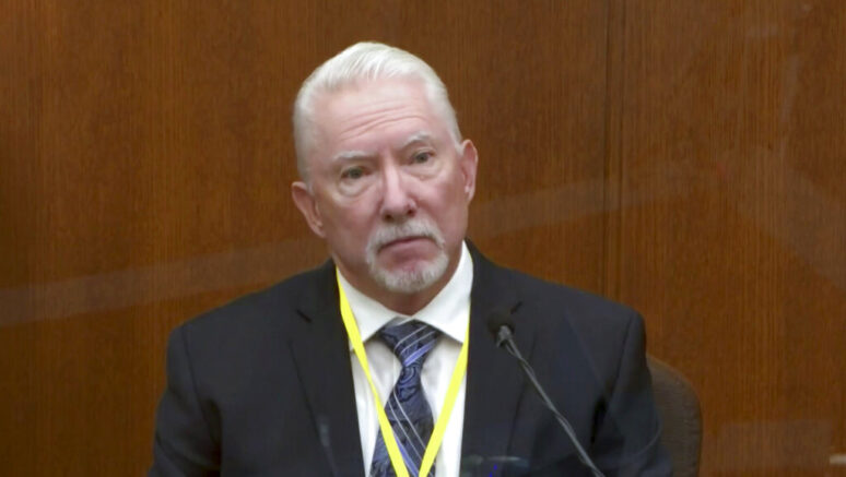 In this image from video, Barry Brodd, a use of force expert testifies as Hennepin County Judge Peter Cahill presides, Tuesday, April 13, 2021, in the trial of former Minneapolis police Officer Derek Chauvin at the Hennepin County Courthouse in Minneapolis, Minn. Chauvin is charged in the May 25, 2020 death of George Floyd. (Court TV via AP, Pool)