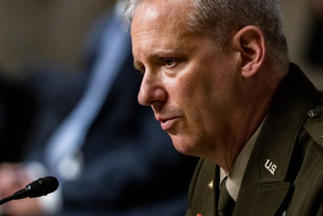 WASHINGTON, DC - APRIL 29: Lt. Gen. Scott Berrier, Director of the Defense Intelligence Agency (DIA), testifies during a Senate Armed Services Committee hearing in the Dirksen Senate Office Building on Capitol Hill April 29, 2021 in Washington, DC. The committee is hearing testimony on worldwide threats. (Photo by Samuel Corum-Pool/Getty Images)