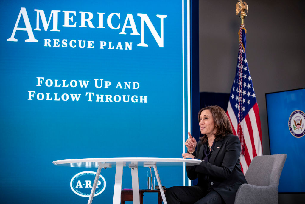 WASHINGTON, DC - MARCH 11: U.S. Vice President Kamala Harris speaks at an American Rescue Plan virtual briefing in the South Court Auditorium at the White House on March 11, 2021 in Washington, DC. President Joe Biden signed the $1.9 trillion COVID-19 relief bill into law this afternoon. (Photo by Tasos Katopodis/Getty Images)