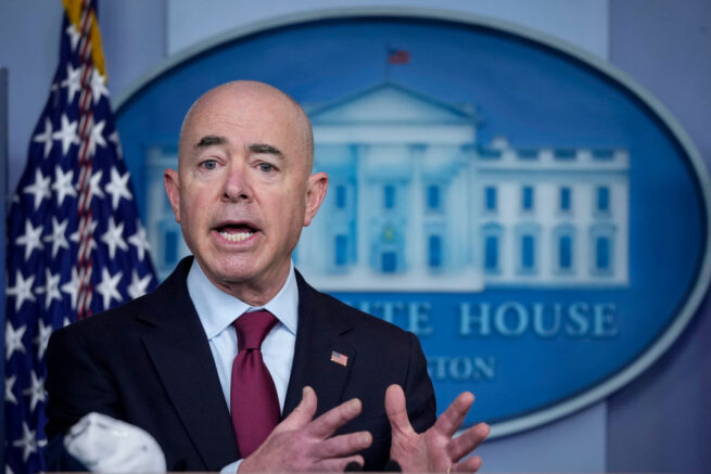 WASHINGTON, DC - MARCH 1: Secretary of Homeland Security Alejandro Mayorkas speaks during the daily press briefing at the White House on March 1, 2021 in Washington, DC. Mayorkas discussed the Biden administration's plans for overhauling immigration policy. (Photo by Drew Angerer/Getty Images)