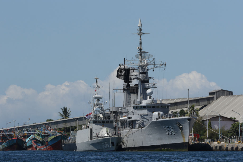 Indonesian navy ships arrive at the naval base in Banyuwangi on April 22, 2021, to join in the search for a decades-old navy submarine that went missing off the coast of Bali with 53 crew aboard during regular exercises. (Photo by - / AFP) (Photo by -/AFP via Getty Images)