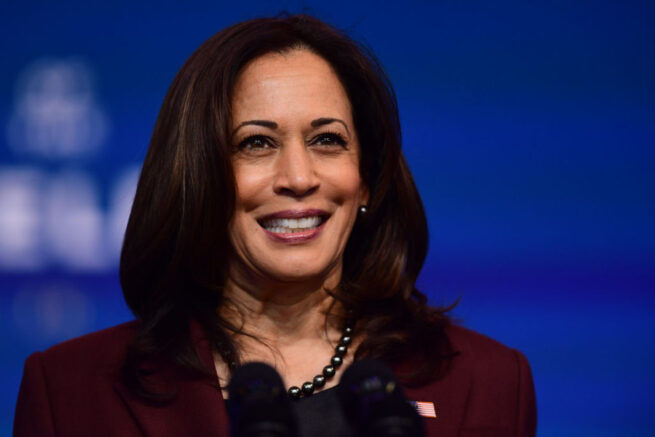 WILMINGTON, DE - NOVEMBER 24:  Vice President-elect Kamala Harris speaks after President-elect Joe Biden introduced key foreign policy and national security nominees and appointments at the Queen Theatre on November 24, 2020 in Wilmington, Delaware. As President-elect Biden waits to receive official national security briefings, he is announcing the names of top members of his national security team to the public. Calls continue for President Trump to concede the election as the transition proceeds. (Photo by Mark Makela/Getty Images)