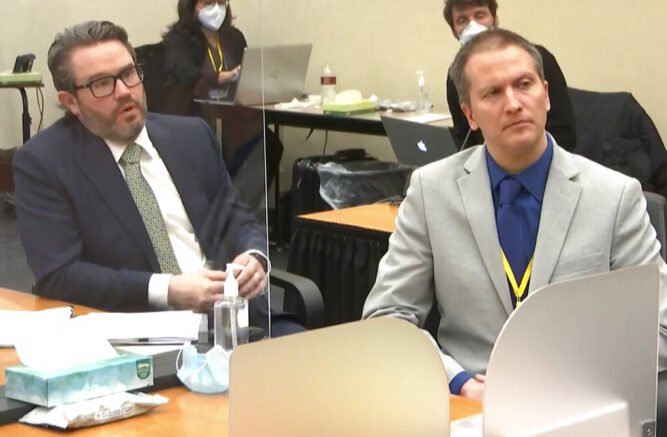 In this image from video, defense attorney Eric Nelson, left, and defendant, former Minneapolis police officer Derek Chauvin, speak to Hennepin County Judge Peter Cahill after the judge has put the trial into the hands of the jury. Monday, April 19, 2021, in the trial of Chauvin, in the May 25, 2020, death of George Floyd at the Hennepin County Courthouse in Minneapolis, Minn. (Court TV via AP, Pool)
