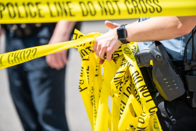 MINNEAPOLIS, MN - JUNE 16: A Minneapolis Police officer rolls up caution tape at a crime scene on June 16, 2020 in Minneapolis, Minnesota. The Minneapolis Police Department has been under close scrutiny following the death of George Floyd who died in police custody on May 25, 2020, after former officer Derek Chauvin kneeled on his neck for nearly nine minutes while detaining him. (Photo by Brandon Bell/Getty Images)