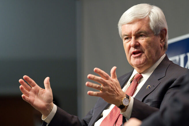 MANCHESTER, NH - JANUARY 04: Republican presidential candidate, former Speaker of the House Newt Gingrich speaks during an interview at the New Hampshire Institute of Politics at Saint Anselm College on January 4, 2012 in Manchester, New Hampshire. After finishing fourth in the Iowa Caucus, Gingrich continued his campaign in New Hampshire for the upcoming primary. (Photo by Matthew Cavanaugh/Getty Images)