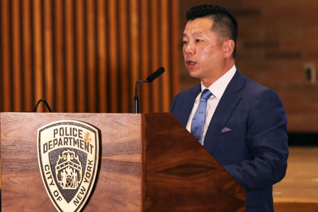 NEW YORK, NEW YORK - MARCH 25: Deputy inspector Tommy Ng speaks during a press conference at the NYPD headquarters in Manhattan on March 25, 2021 in New York City. NYPD Executives along with members of the Asian Hate Crimes Task Force held a press conference to speak about new Asian hate crime initiatives to address the rise in hate crimes against the Asian community since the start of the coronavirus (COVID-19) pandemic in 2020. (Photo by Michael M. Santiago/Getty Images)