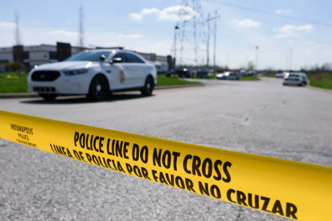 Police caution tape blocks the entrance to the site of a mass shooting at a FedEx facility in Indianapolis, Indiana on Friday, April 16, 2021. - A gunman has killed at least eight people at the facility before turning the gun on himself in the latest in a string of mass shootings in the country, authorities said. The incident came a week after President Joe Biden branded US gun violence an "epidemic" and an "international embarrassment" as he waded into the tense debate over gun control, a powerful political issue in the US. (Photo by Jeff Dean / AFP) (Photo by JEFF DEAN/AFP via Getty Images)