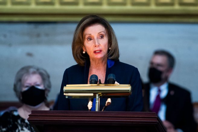 WASHINGTON, DC - APRIL 13: Speaker of the House Nancy Pelosi (D-CA) speaks during the service for U.S. Capitol Officer William Evans as his remains lie in honor in the U.S. Capitol rotunda on April 13, 2021 in Washington, DC. Officer Evans, who was killed in the line of duty during the attack outside the U.S. Capitol on April 2, will lie in honor in the Capitol rotunda today. (Photo by Tom Williams-Pool/Getty Images)