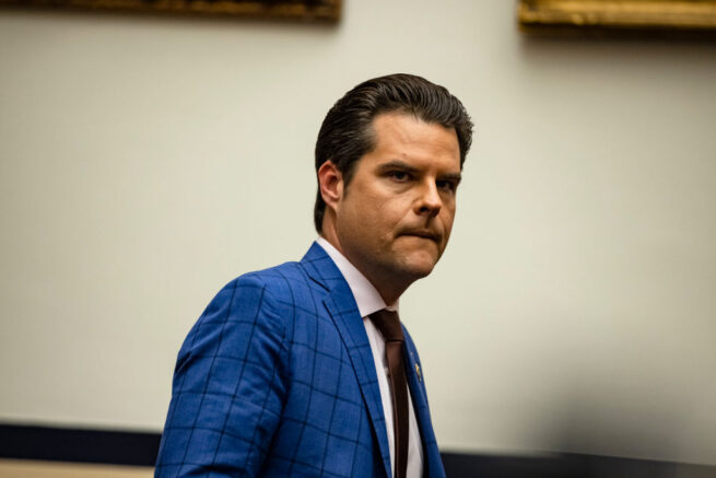WASHINGTON, DC - DECEMBER 09: Representative Matt Gaetz (R-FL) arrives for a House Armed Services Subcommittee hearing with members of the Fort Hood Independent Review Committee on Capitol Hill on December 9, 2020 in Washington, DC. The U.S. Army has fired or suspended 14 leaders at Fort Hood following an investigation into the death of Specialist Vanessa Guillén and numerous other deaths and reports of sexual abuse on the military base. (Photo by Samuel Corum/Getty Images)
