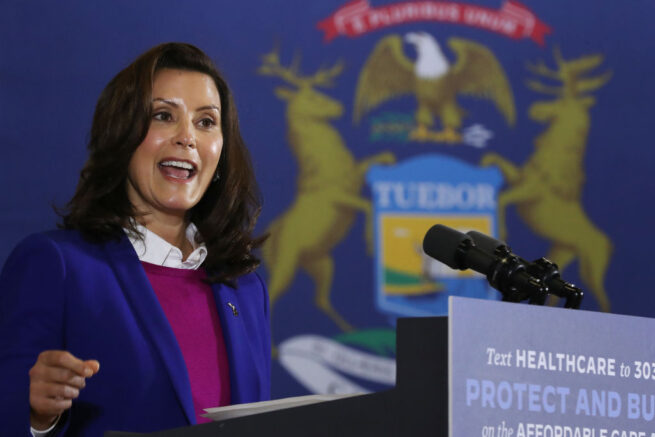 SOUTHFIELD, MICHIGAN - OCTOBER 16: Gov. Gretchen Whitmer introduces Democratic presidential nominee Joe Biden delivers remarks about health care at Beech Woods Recreation Center October 16, 2020 in Southfield,m Michigan. With 18 days until the election, Biden is campaigning in Michigan, a state President Donald Trump won in 2016 by less than 11,000 votes, the narrowest margin of victory in the state's presidential election history. (Photo by Chip Somodevilla/Getty Images)