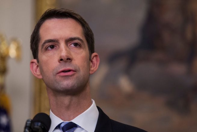 WASHINGTON, DC - AUGUST 2: (AFP OUT) Sen. Tom Cotton (R-AR) makes an announcement on the introduction of the Reforming American Immigration for a Strong Economy (RAISE) Act in the Roosevelt Room at the White House on August 2, 2017 in Washington, DC. The act aims to overhaul U.S. immigration by moving towards a "merit-based" system. (Photo by Zach Gibson - Pool/Getty Images)