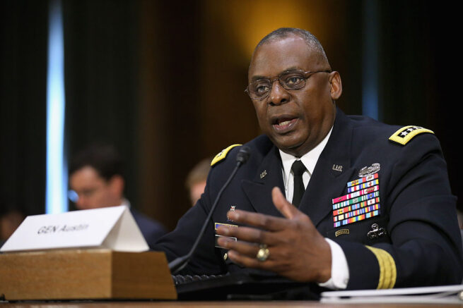 WASHINGTON, DC - SEPTEMBER 16: Gen. Lloyd Austin III, commander of U.S. Central Command, testifies before the Senate Armed Services Committee about the ongoing U.S. military operations to counter the Islamic State in Iraq and the Levant (ISIL) during a hearing in the Dirksen Senate Office Building on Capitol Hill September 16, 2015 in Washington, DC. Austin said that slow progress was still being made against ISIL but there have been setbacks, including the ambush of U.S.-trained fighters in Syria and the buildup of Russian forces in the country. (Photo by Chip Somodevilla/Getty Images)